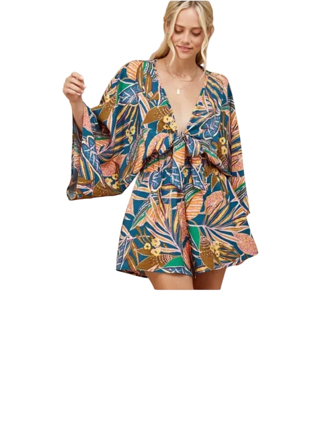 Nwt Wisteria Lane Tropical Floral Batwing Tie Front Shorts Romper Size L